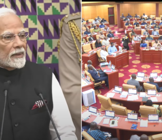 घड्याळ: पंतप्रधान मोदींचा उल्लेख घाना संसदेत २,500०० पक्षांचा आहे. मग हे घडते